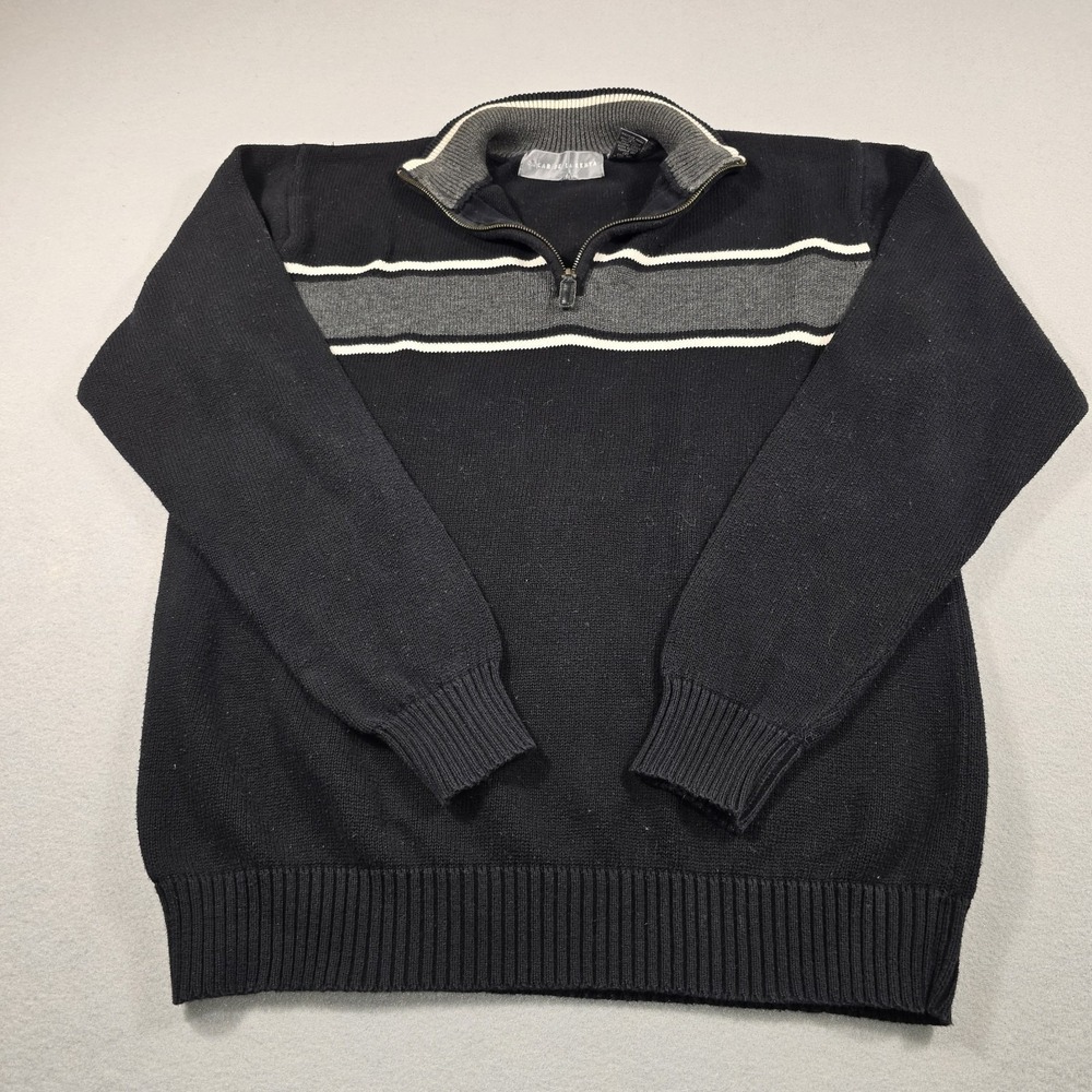 Oscar de la Renta Mens Large Black‎ Sweater Quarter Zip Striped Cotton Mock Neck - Picture 2 of 9